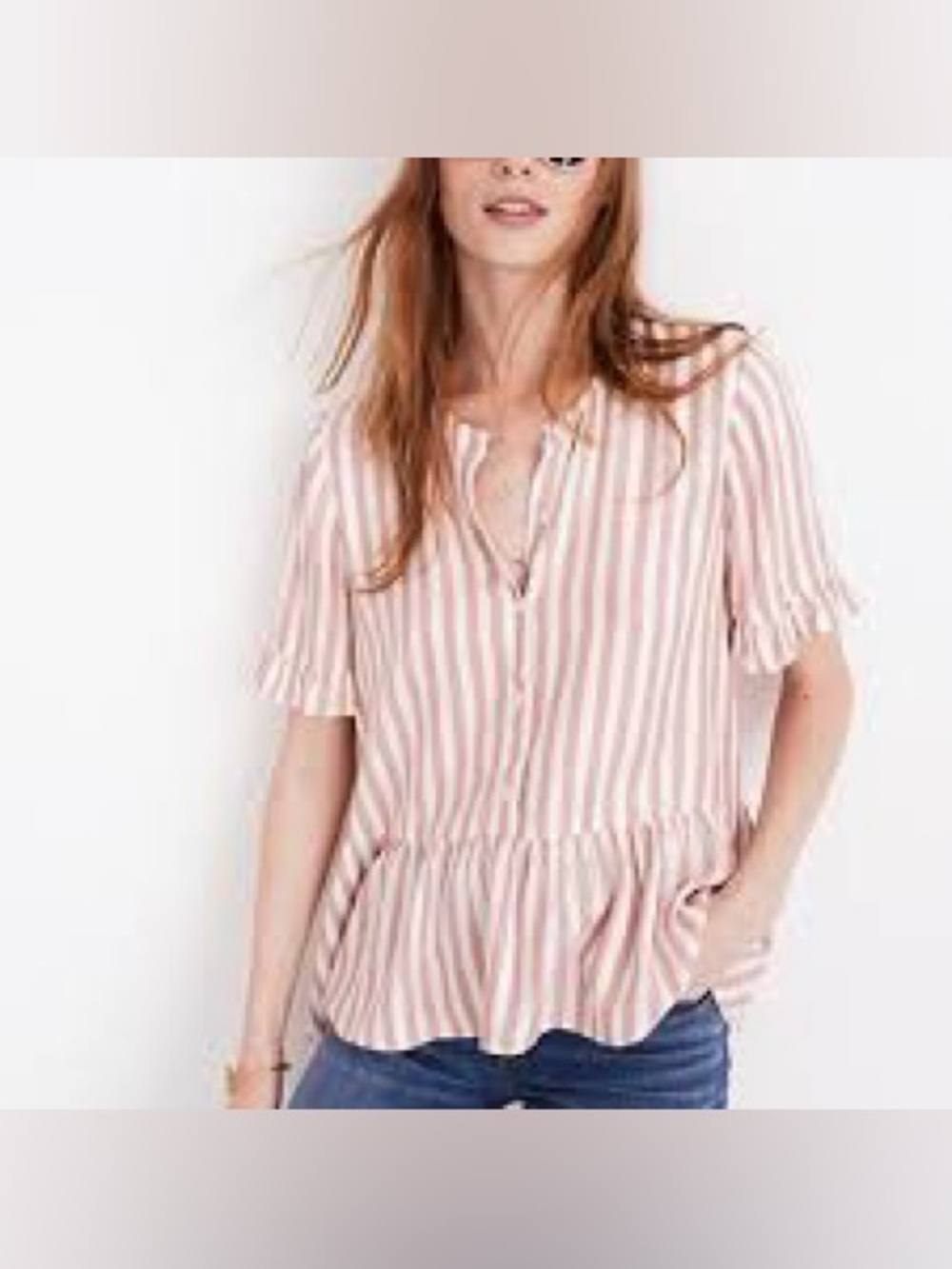 Madewell Pink and White Striped Button-Front Peplum Blouse